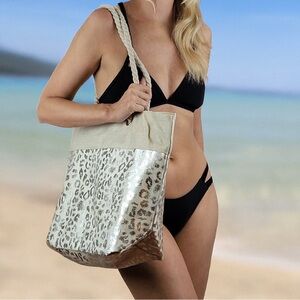 Silver Metallic Leopard Print Beach Tote Bag